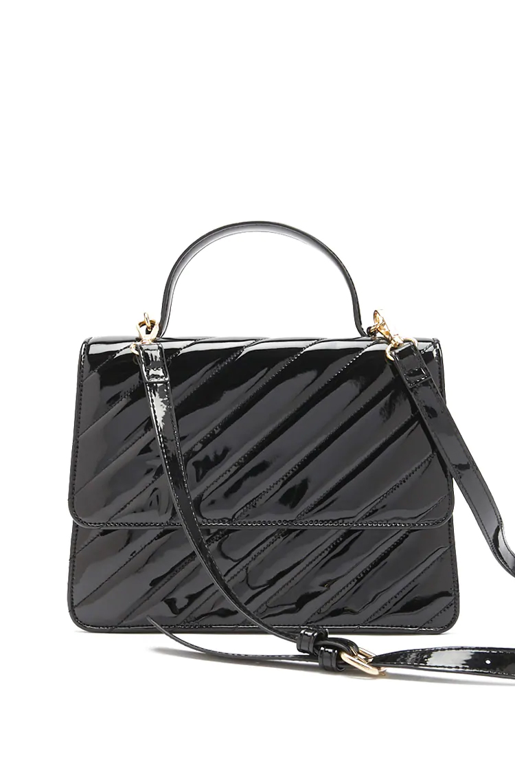 Quilted Faux Patent Leather Satchel - Black