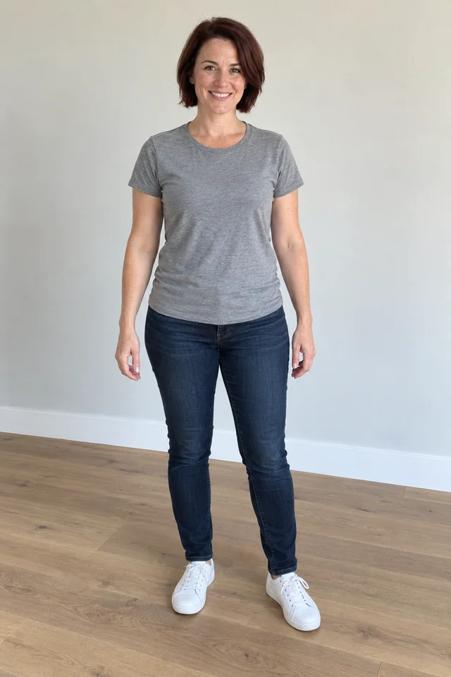Foto cotidiana de una clienta en casa, con camiseta gris y jeans
